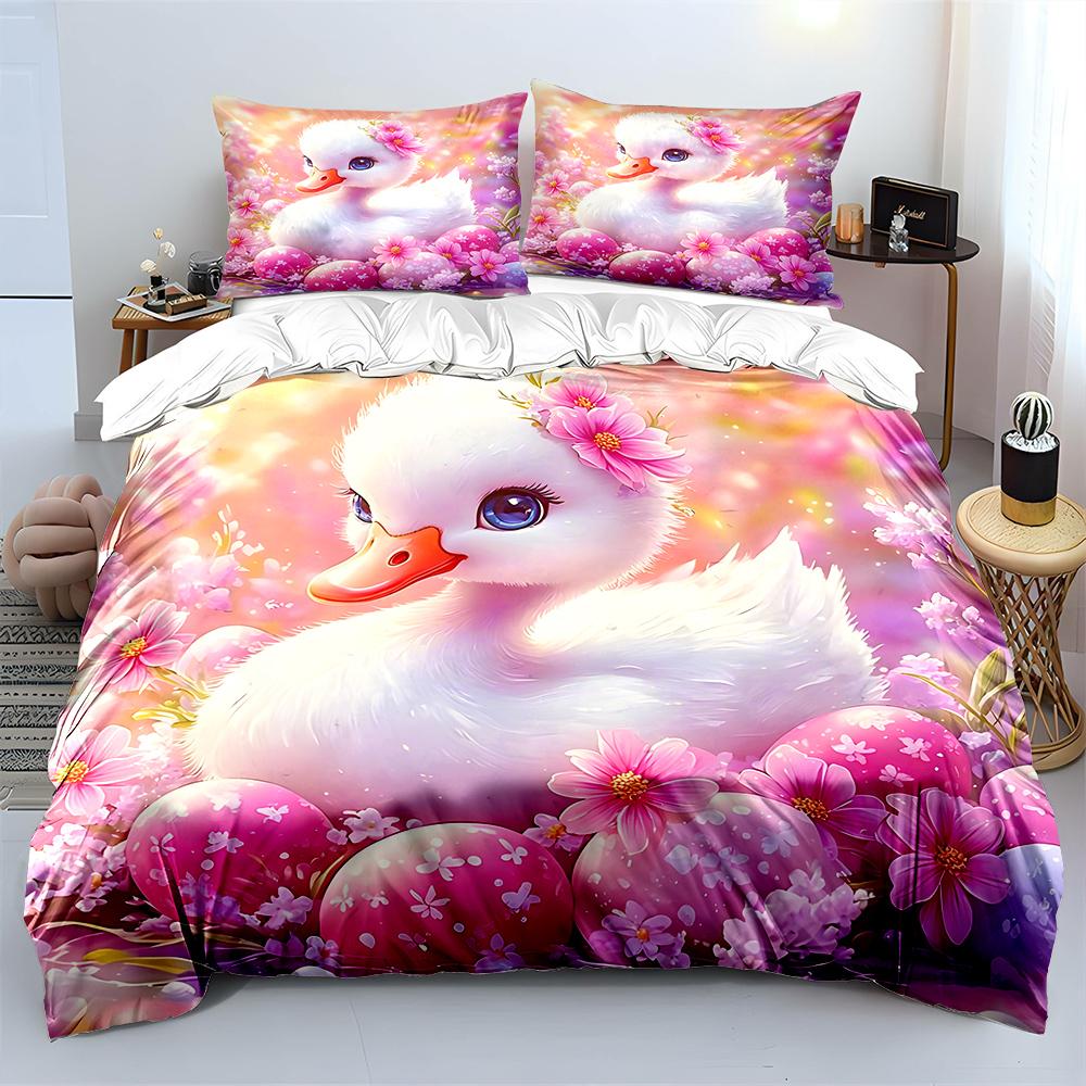 Cute duckling with pink flowers Print Bedding Set 1 Duvet Cover 2 Pillowcases for Adult and Children Luxury Gift Full Size