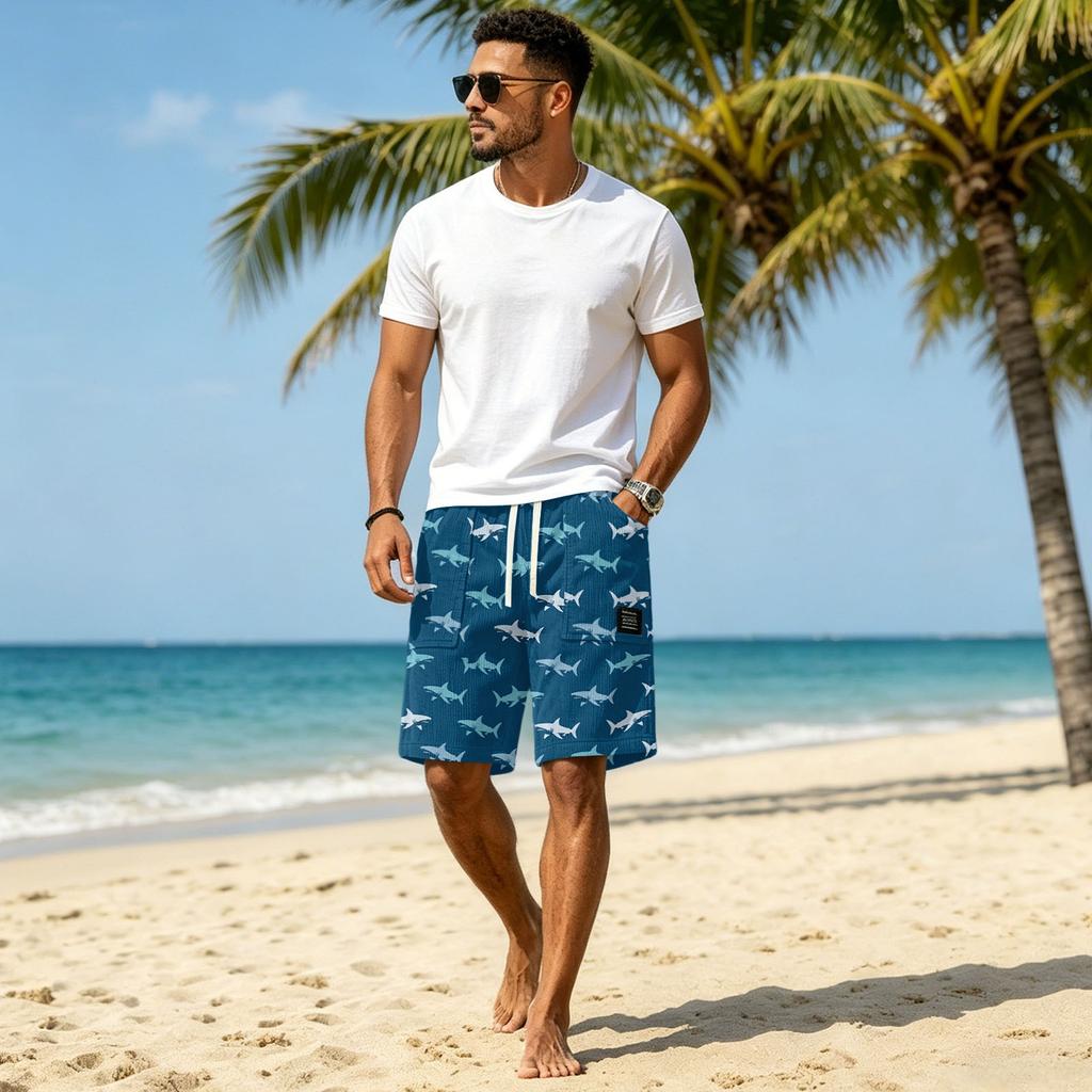 Men Corduroy Drawstring Shorts with Tropical Leaf Print Elastic Waist Casual Fit Summer Beachwear Classic Wear Style 1979