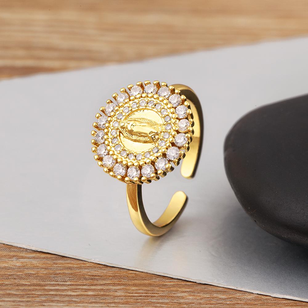 Nidin New Retro Round/Oval Shape Virgin Mary Charm Open Rings Adjustable For Women Men Shine Zircon Finger Jewelry Accessories
