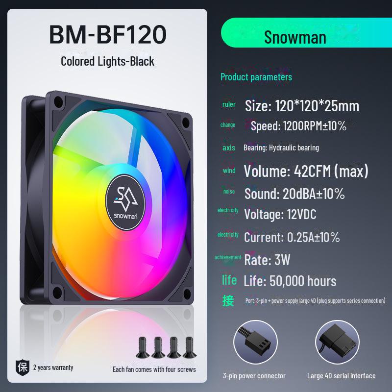 

Сверхтихий вентилятор охлаждения для настольного компьютера Bingman 12 см, 12 В, цветной, без подсветки. BF120, Large 4P Fan, Colored Light чёрный