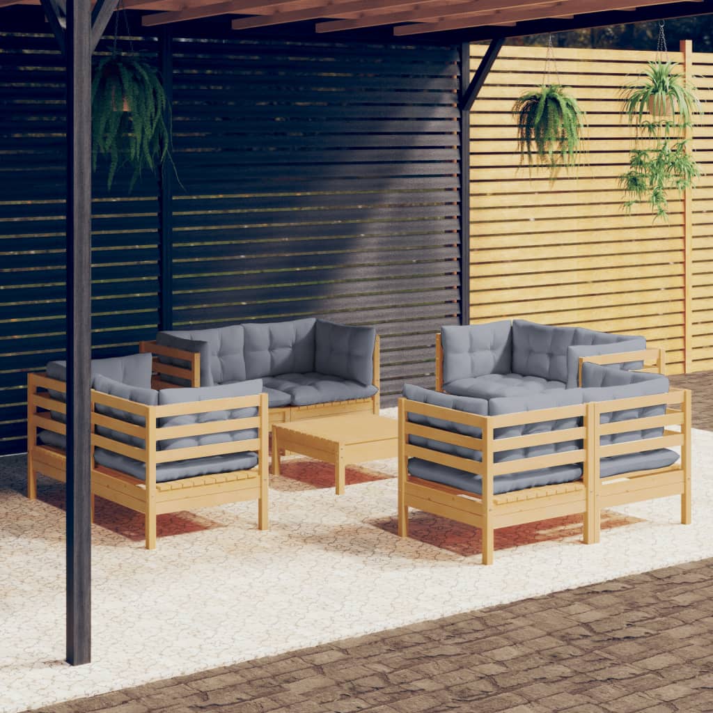 Vidaxl 9-Cz. Garden Lounge Set, Grey Cushions, Pine