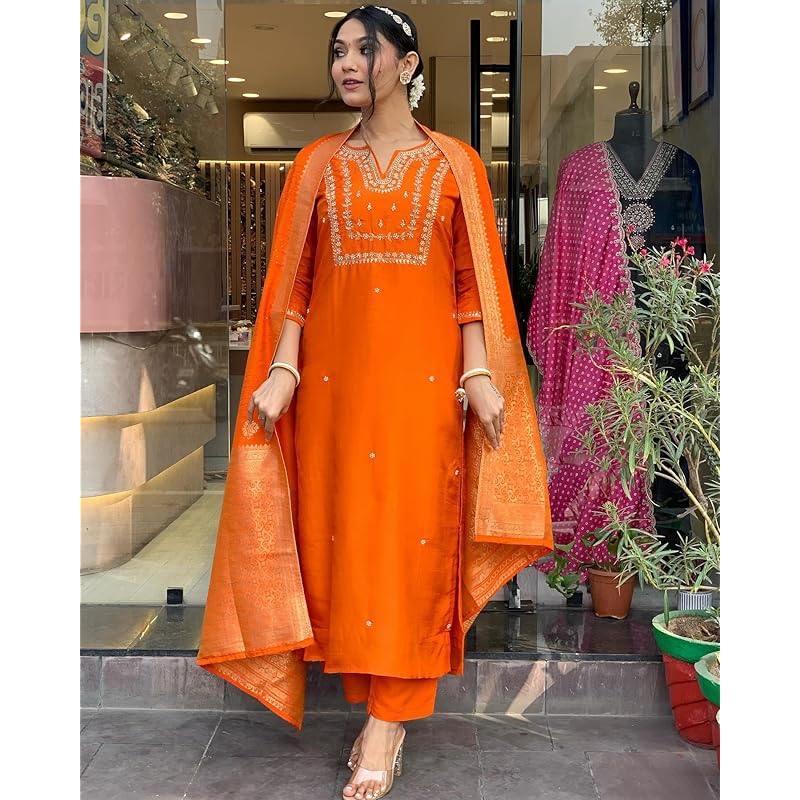 GoSriKi Women's Rayon Blend Straight Embroidered Kurta with Pant & Dupatta (MANUSHI Orange-VKS01-GS_XXL_Orange_XX-Large)