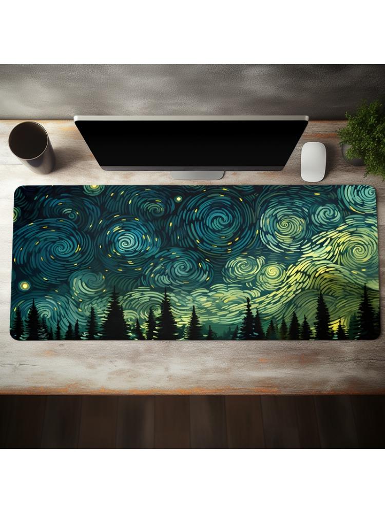 Starry Night Forest Extended Gaming Mouse Pad Large Non-Slip Rubber Base Desk Mat with Stitched Edges for Home Office and Gaming