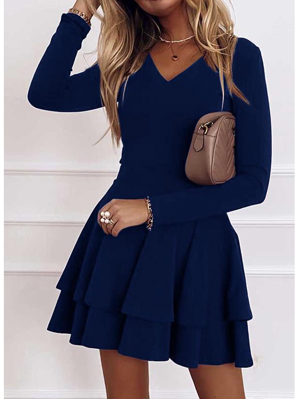 Women's Mid-Waist Solid Color Princess Pullover Dress with Spliced Hem