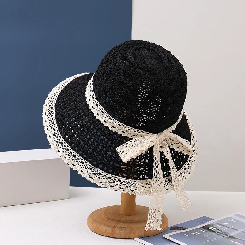 WTEMPO Lace Patchwork Casual Versatile Breathable Sun Hats Women's Solid Color Summer Wide Brim Outdoor Travel Beach Hats