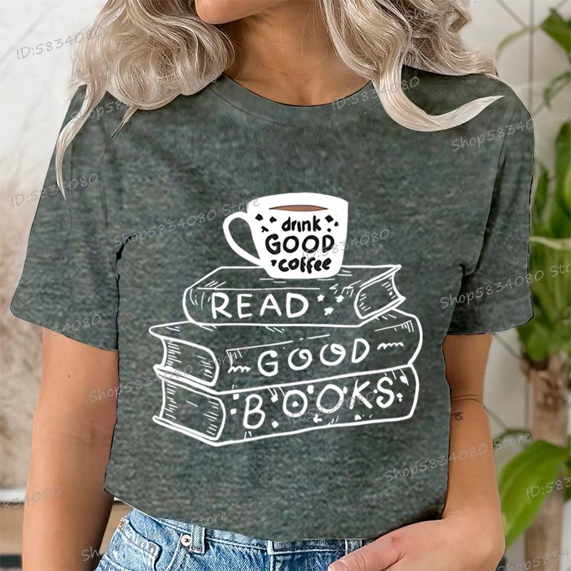 Casual Vintage Book Coffee T Shirt Women Trendy Bookish Short Sleeve Tshirt Book Lover Party Gift Coffee Lover Summer Clothes