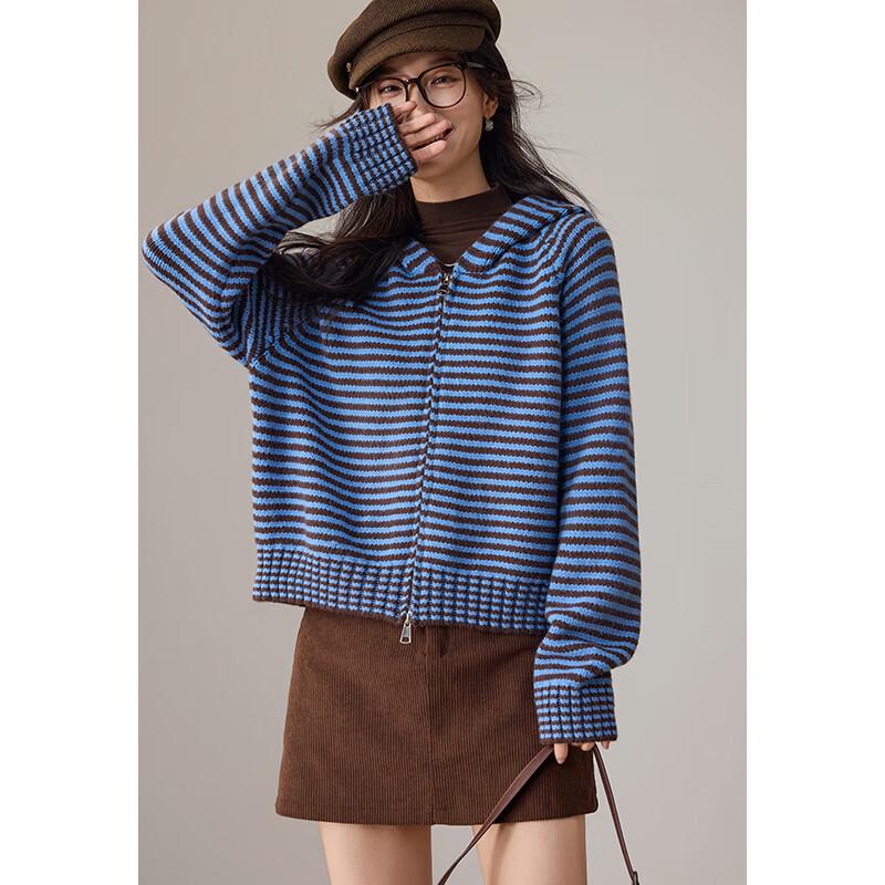 VICTORIA&VERA Women's Striped Hooded Zip-Up Knit Cardigan