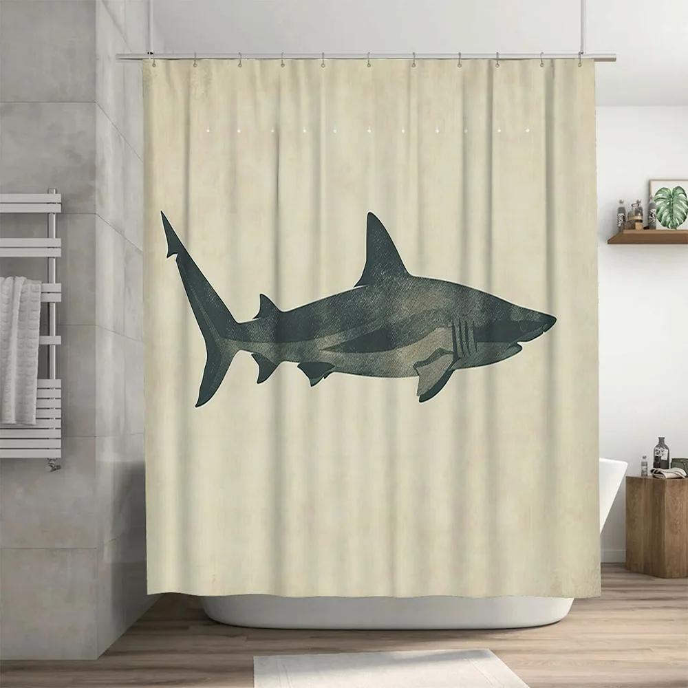 Stylish Shark Printed Shower Curtain for Bathroom Decor Modern Waterproof Fabric 180x180cm Single Panel White Color Available on
