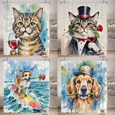 Aquarell Katzen und Hunde lustiger Duschvorhang Badezimmervorhang Amüsant und kreativ Tier Dekorativer Vorhang mit Haken
