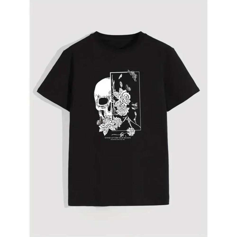 Stand Up for Your Beliefs Skull&Flowers Printing Men's T Shirt Short Sleeve Casual Sports Clothing Summer Couple Outfit Matching