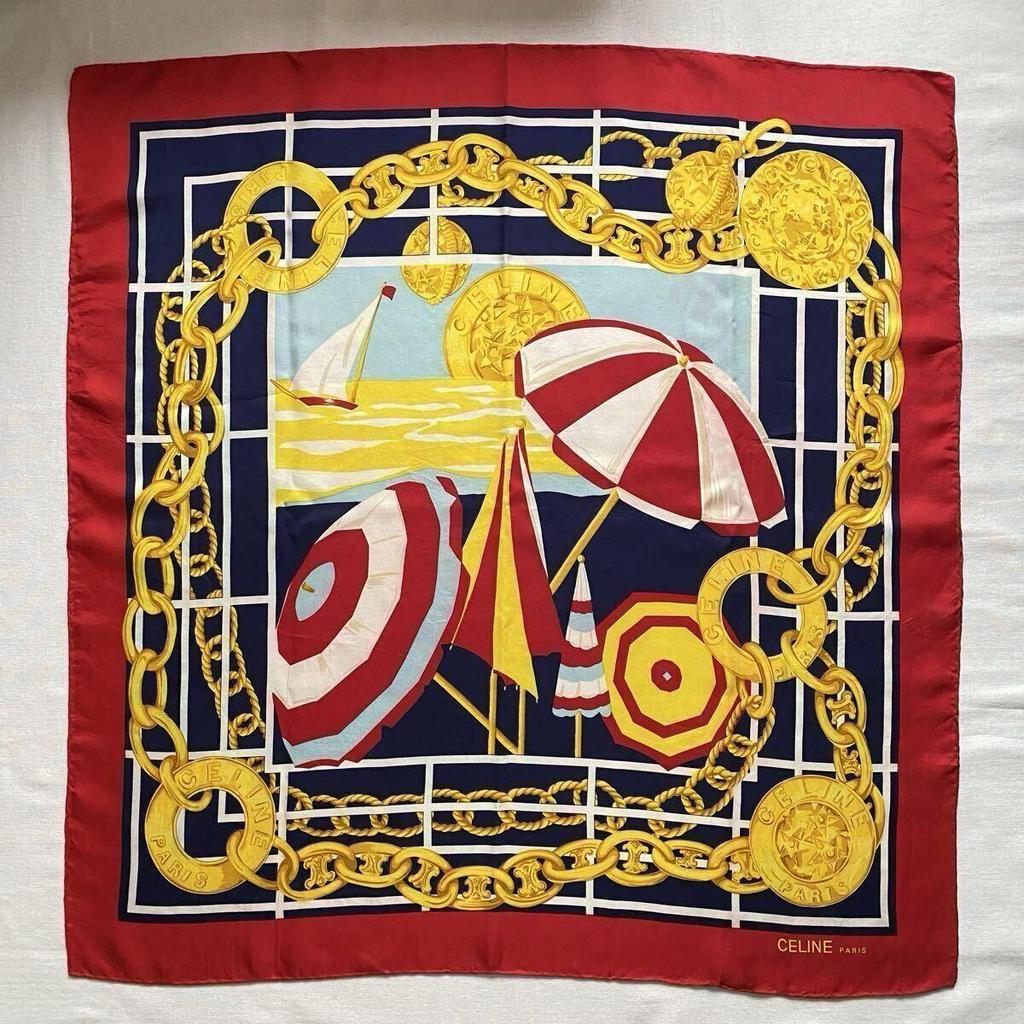 Used CELINE scarf silk marine style chain Macadam Triomphe navy red gold large vintage