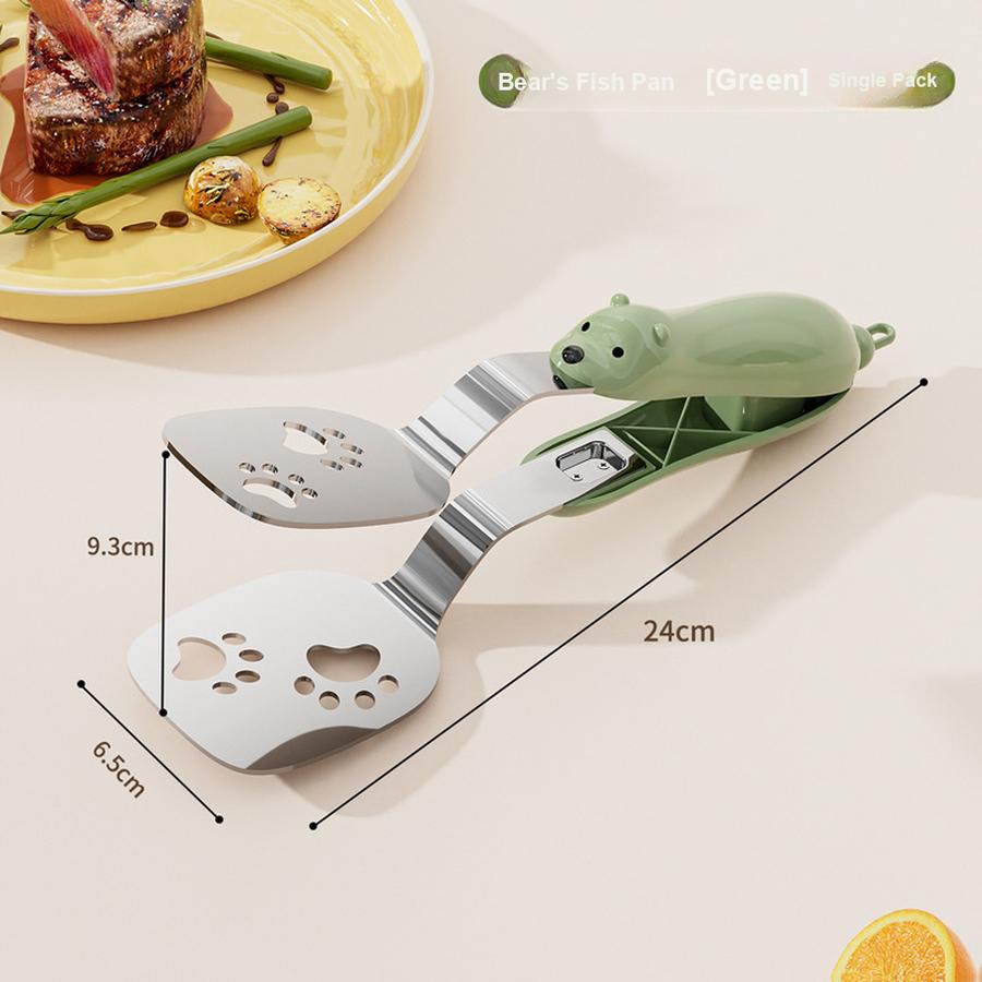 

Small Bear Fried Fish Turner 2-in-1 Stainless Steel Food Clip Long Handle Anti-Slip Oil Draining Spatula Heat Resistant Clip 1 PCS зелений