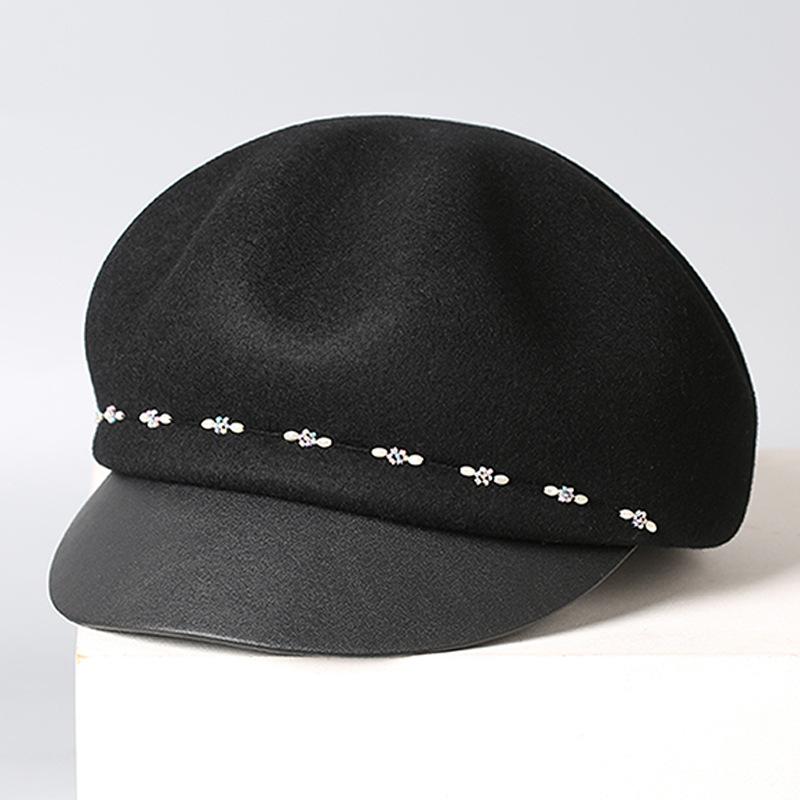 Autumn and Winter Light Luxury Handmade Diamond Chain Wool Cap Women's Versatile Fashion Newsboy Hat Trendy and Warm Felt Hat