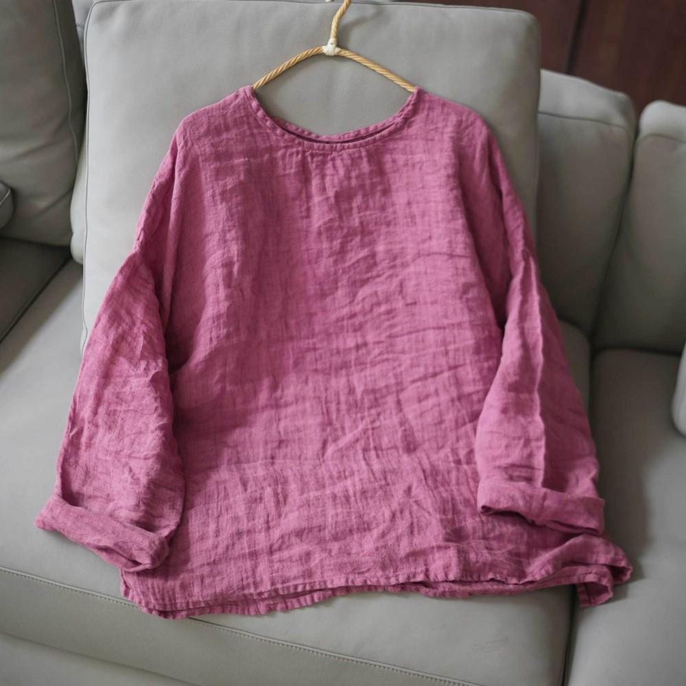 Johnature Women T-Shirts Vintage Spring Chinese Style Solid Color Long Sleeve O-Neck Loose Female T-Shirts