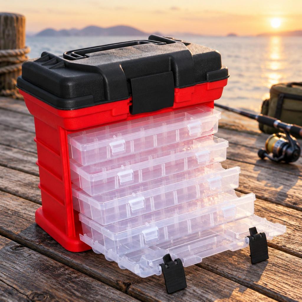 Tackle Organizer Lightweight Fishing Box with 4Layer Drawers Compact for Boat Trips Red