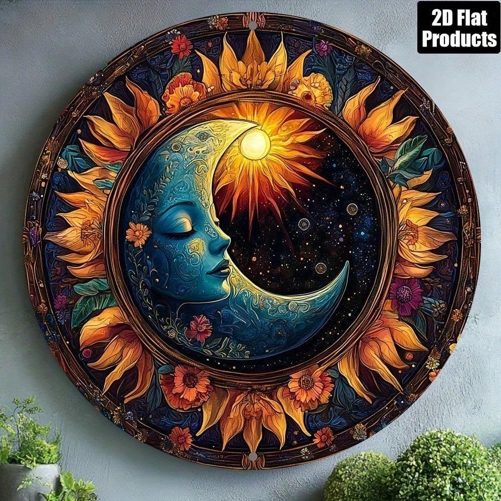 COSMOON Vintage Celestial Sun Moon Round Metal Wall Art Rustic Aluminum Sign Bar Decor 8x8 Inch