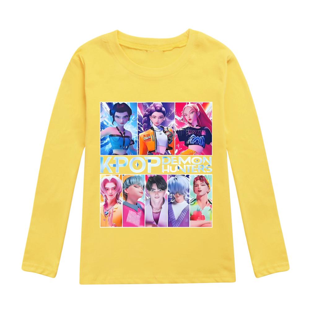 KPop Dämonenjäger T-Shirt Kinder Stilvolle Mode Cartoon Freizeitkleidung Jugend Mädchen Locker Rundhals-T-Shirts Jungen Langarm-Oberteile