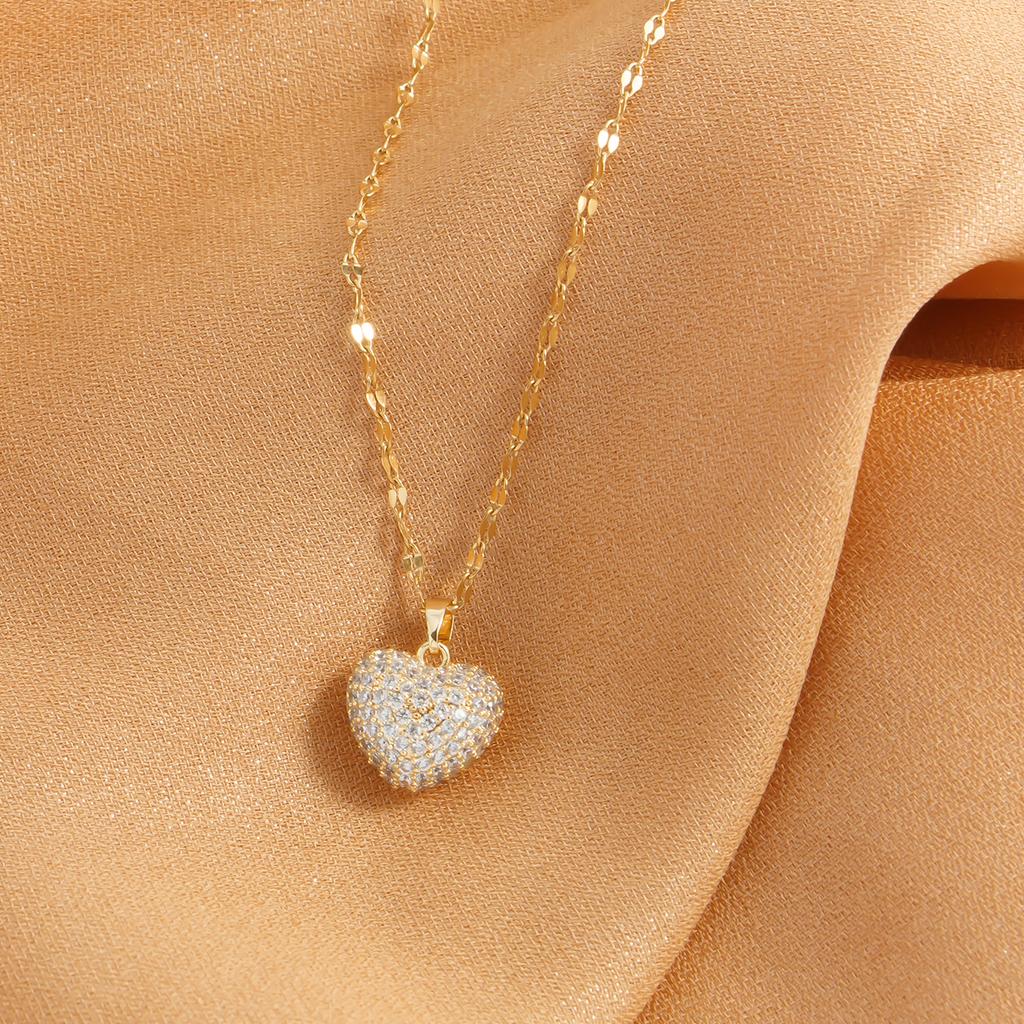 Set with Cubic Zirconia Heart Pendant, Women's Temperament, Stainless Steel Gold-plated Necklace, Wedding Party Jewelry Gifts