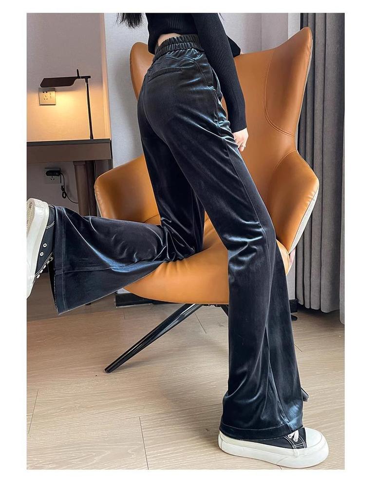 Jesień 2025 Damskie spodnie z mikrorozszerzaną nogawką, wysoki stan, wyszczuplające, plus size, ze złotego aksamitu