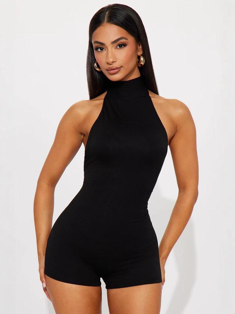 Tuta corta da donna a tinta unita con scollo all'americana e schiena scoperta