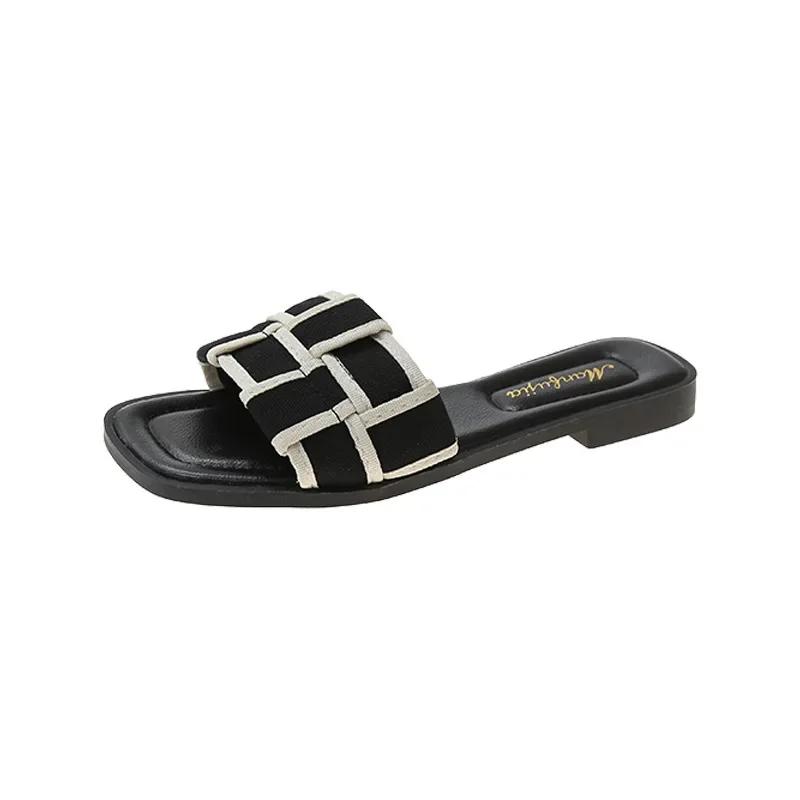 Summer 2024 New Flat Bottom Slippers for Women Fashion Square Toe Plaid Women Shoes Outdoor Casual Leisure Beach Shoes for Women