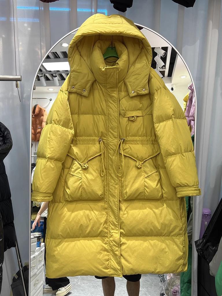 Winter new product loose hooded white duck down jacket women's thickened long waist thin button large size coat