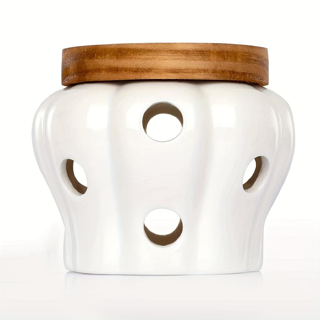 1 szt. Biały ceramiczny słoik do przechowywania czosnku z bambusową pokrywką, wentylowany pusty design, idealny do przechowywania i organizacji czosnku, imbiru w kuchni