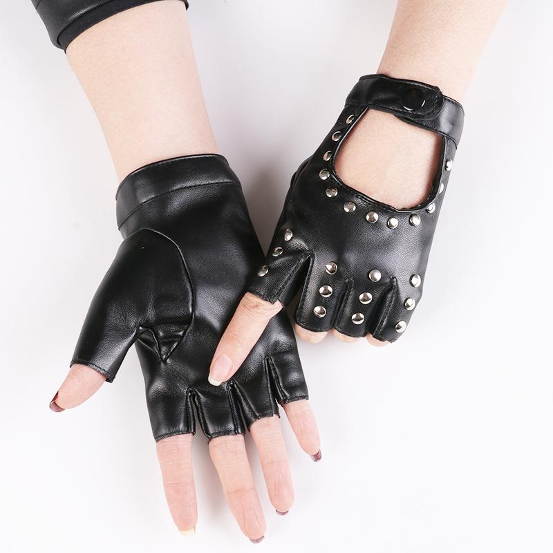 Women's Dance Half Finger Gloves Performance Short Cyberpunk Rivet Pole Dance Dew Finger Street Dance Nightclub Leather Gloves
