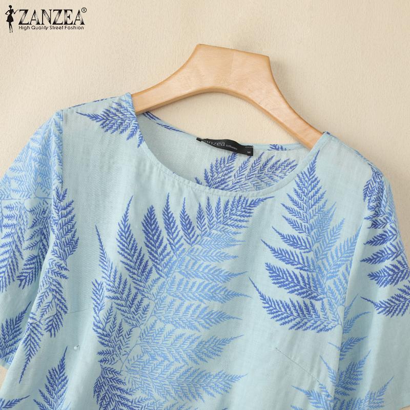 ZANZEA Women Casual Round Neck Summer Short Sleeve Print Blouse