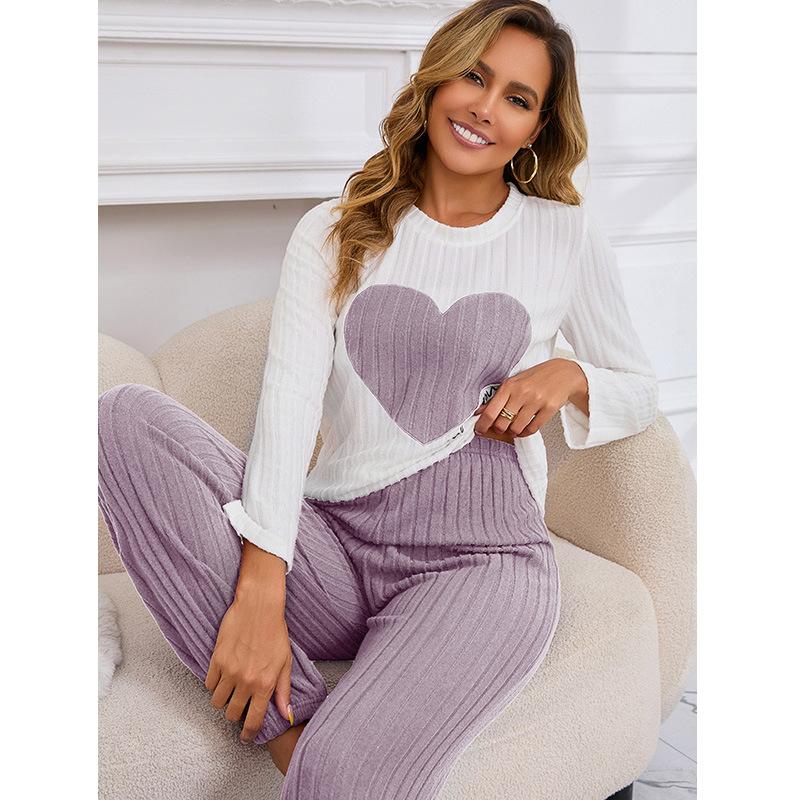 

весна осень Женская пижама с длинным рукавом Топы с сердечками и длинные брюки Одежда для сна Комплект из 2 предметов Комплект пижамы Повседневная домашняя одежда Одежда для отдыха XL лавандовый