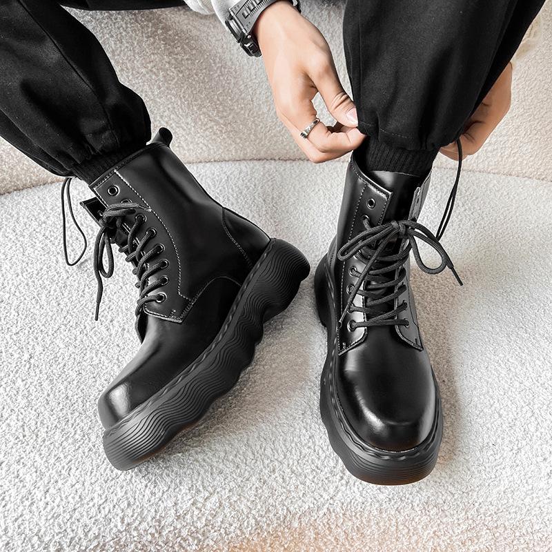 Fashion British style mens casual platform boots lace-up genuine leather shoes cowboy ankle boot black white handsome short botas hombre