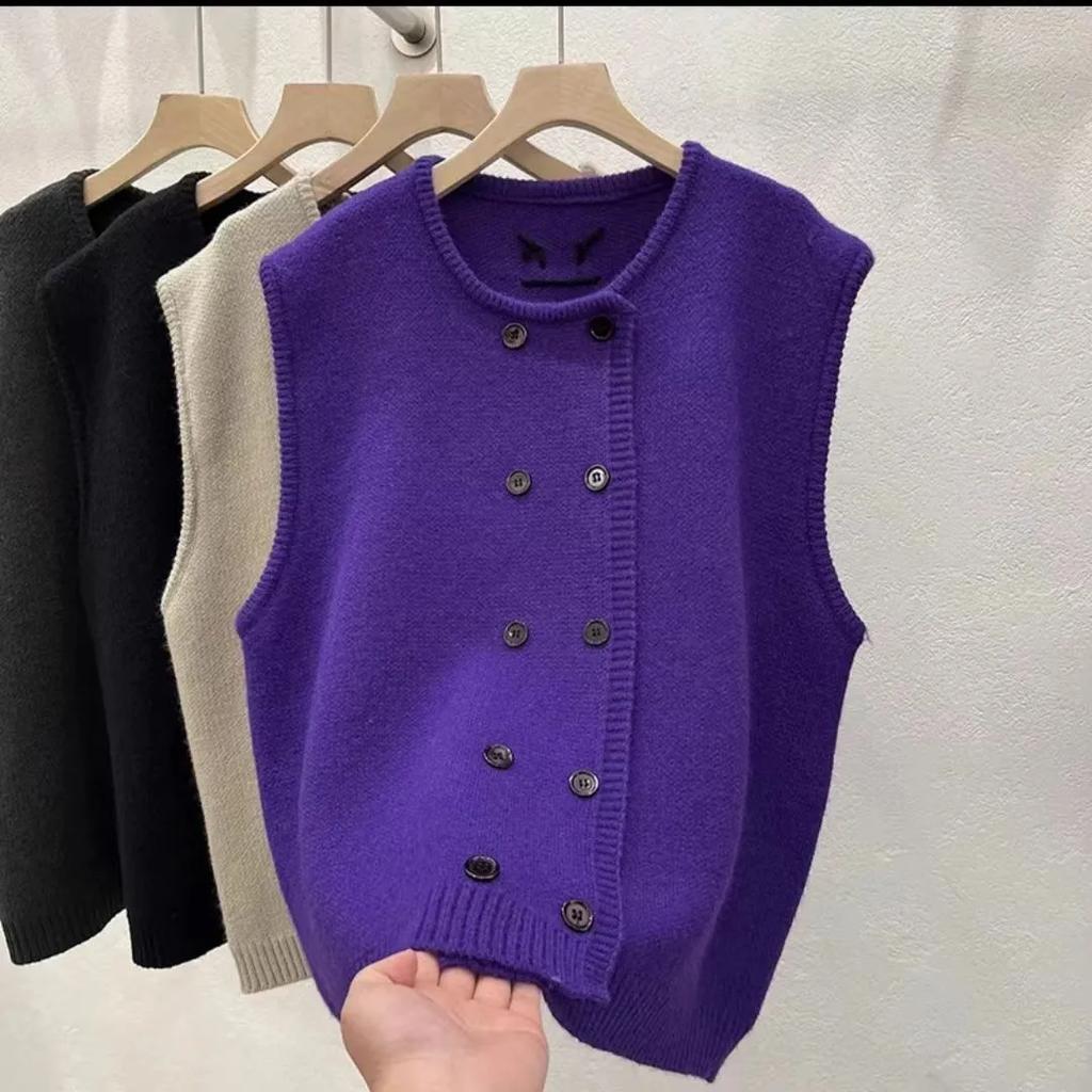 Women's Plus Size Loose Round Neck Knitted Vest Daily Casual Double Breasted Solid Color Top