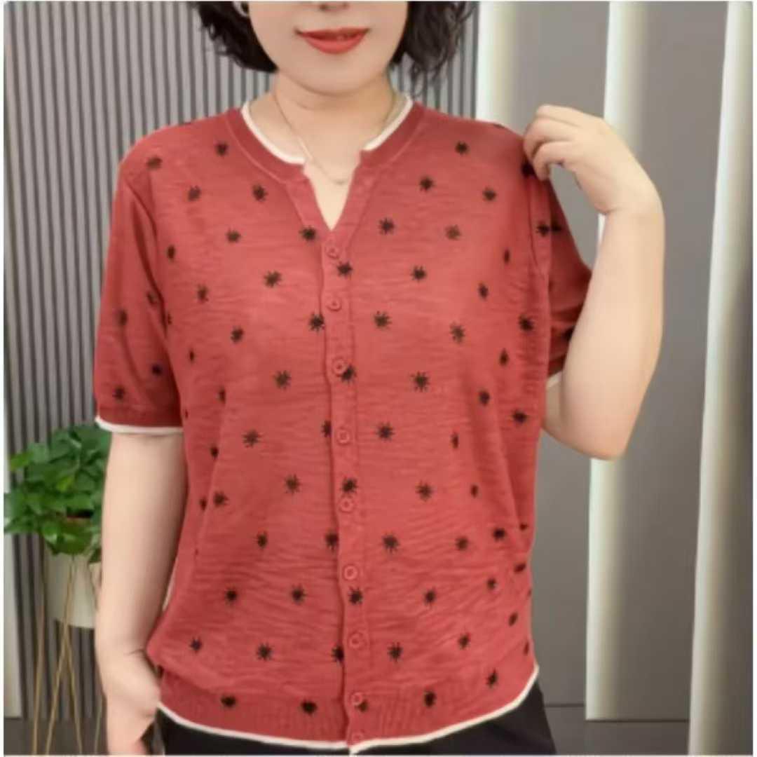2026 Spring/Summer European Knit Floral Cardigan - Women s Short Sleeve, Single-Breasted Loose Fit 2XL 115-130 Jin оранжевый красный