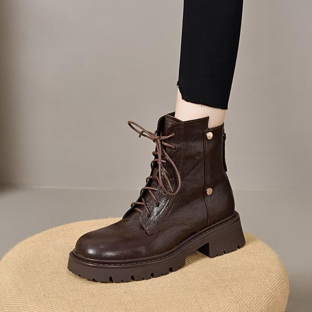 Short Boots Women's Martin Boots Autumn and Winter New Lace-up Casual Flat Leather Boots Button-back Zipper Women's Boots