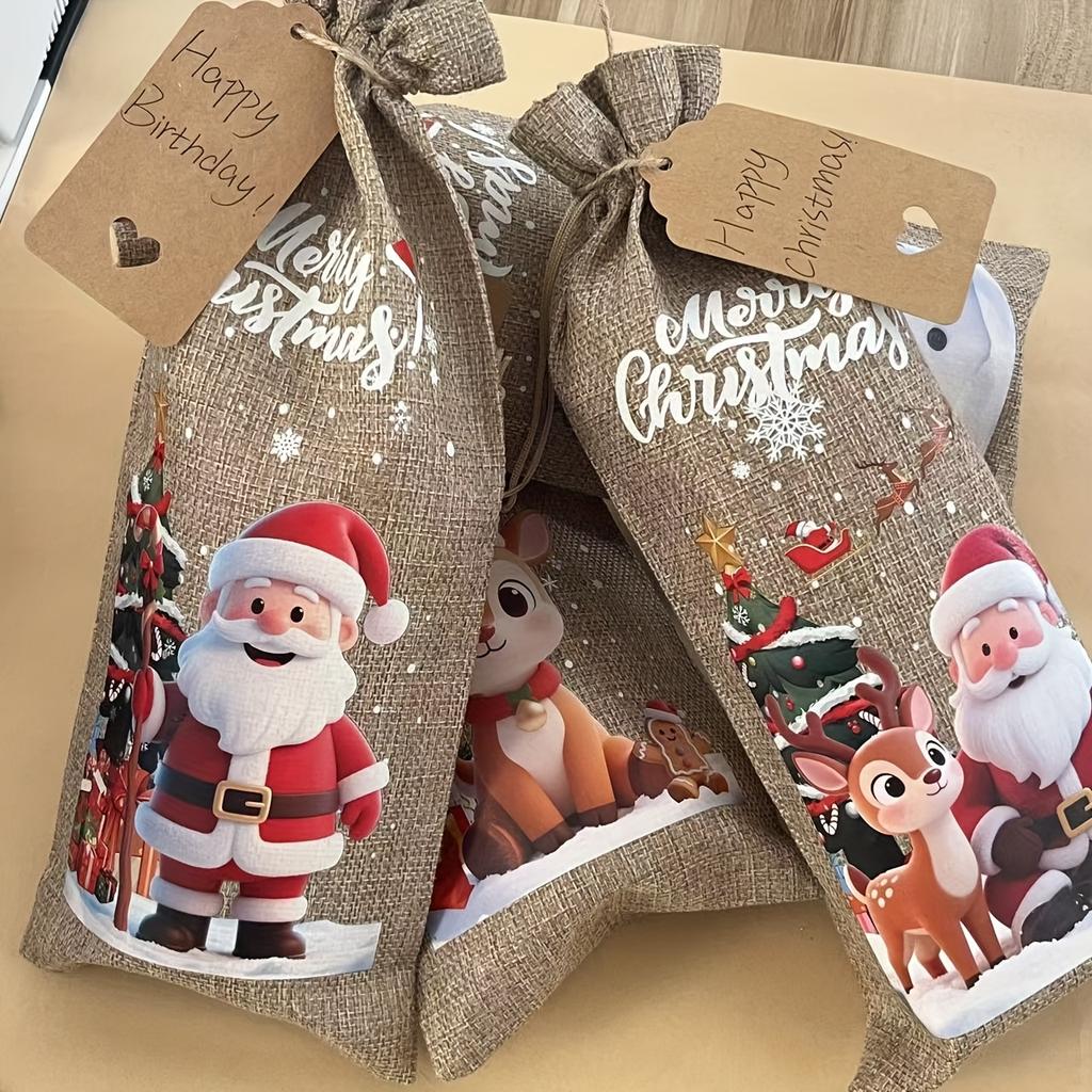 Christmas Wine Bags with Drawstring, Jute Hessian Burlap Wine Gift Bottle Bags, Reusable Fabric Bottle Gift Bags  for Christmas