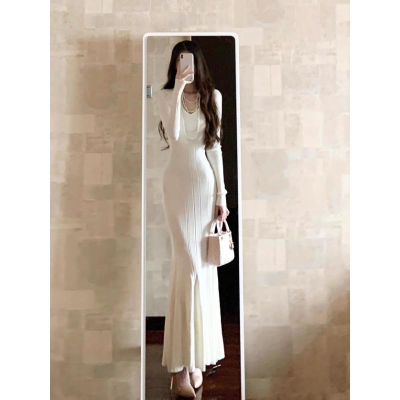 

[] Красивое шикарное платье осеннее ретро высококлассное вязаное длинное платье уникальный темперамент юбка императорской сестры XL белый