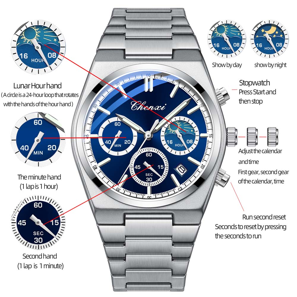 CHENXI Men's Multifunctional Watch Calendar Moon Phase Chronograph Stylish Stainless Steel Strap Luminous Waterproof Wristwatch