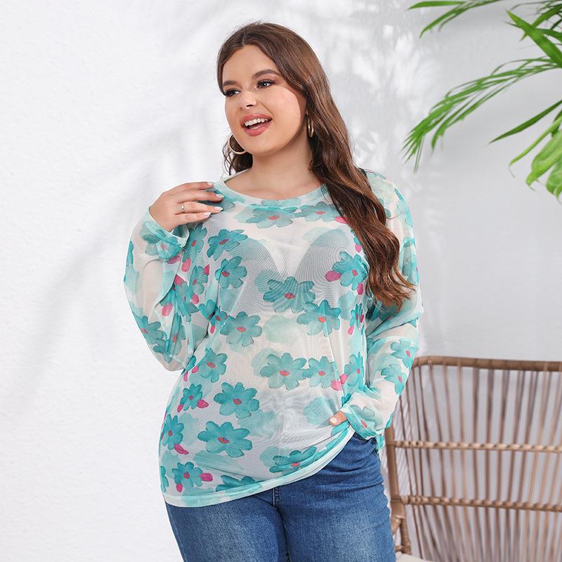 

Women s Lightweight Casual Printed Round Neck Long Sleeve Top Ice Silk Mesh Cool T-Shirt 4XL зелений