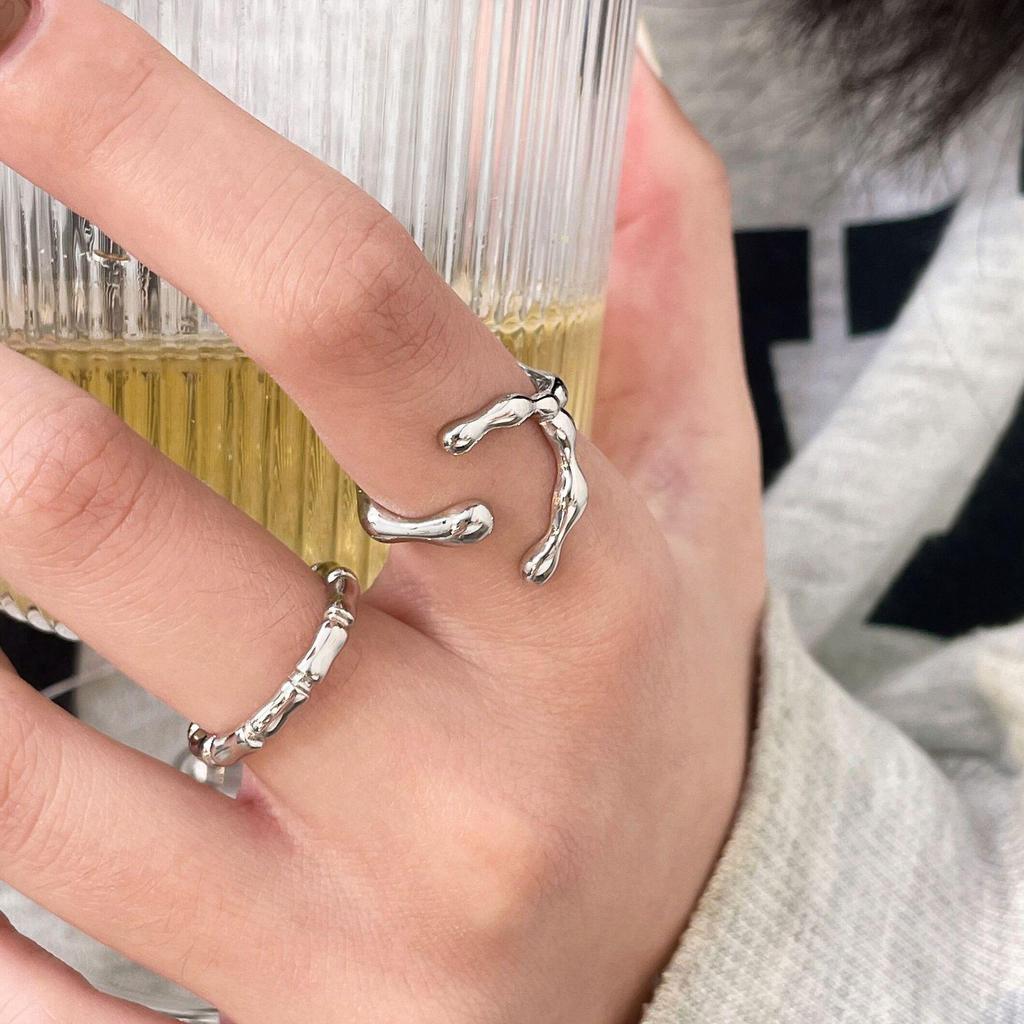 Yinruitai S925 Sterling Silver Geometric Bamboo Joint Women's Ring - High-End Light Luxury Korean Design