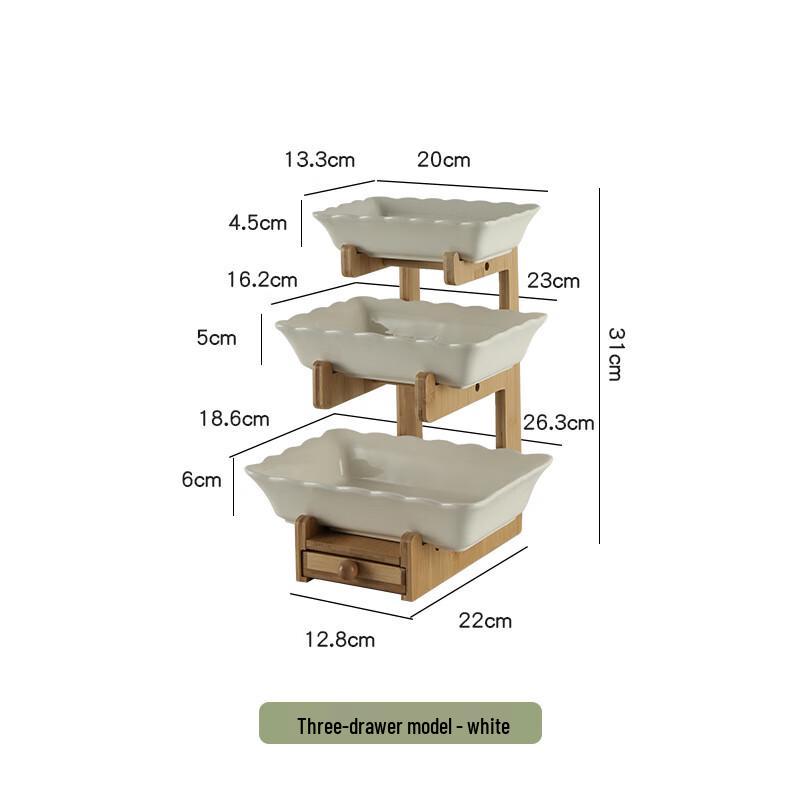 Трехъярусная керамическая фруктовница на бамбуковой подставке