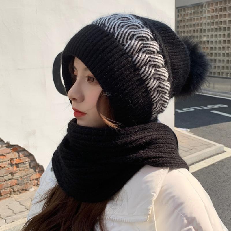 Korean Style Hat Scarf Set Women Winter Warm Cycling Ear for Protection Windproof Knitted Wool Pullover Cap Scarf for Wo