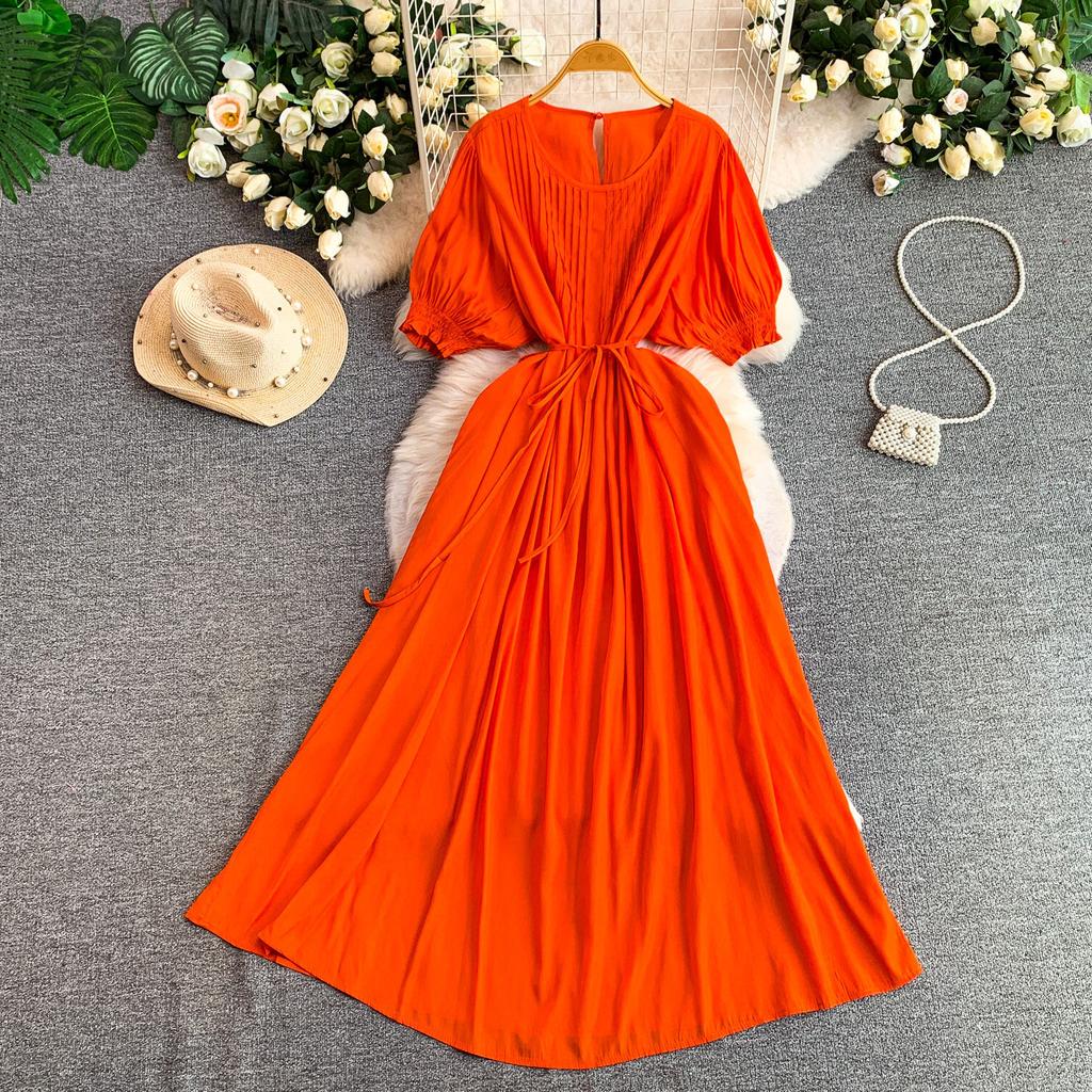 French gentle wind temperament pleated round neck lantern sleeve dress women's summer waist thin ankle dress