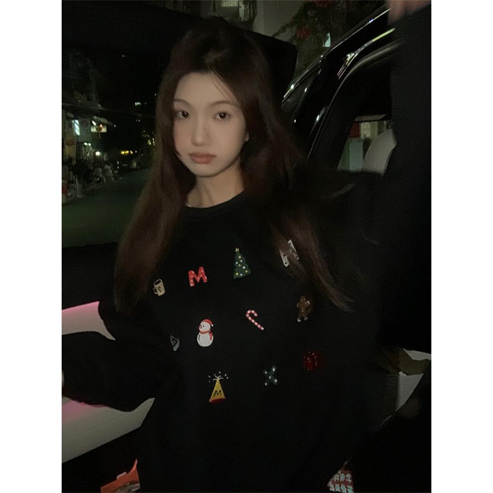 2025 winter Korean version fleece thickened sweater Christmas red loose crew neck
