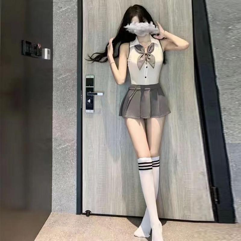 New Sexy Pure School Student Secretary Cosplay Uniform Temptation See-through Backless JK Skirt Big Bow Tie Lingerie Set