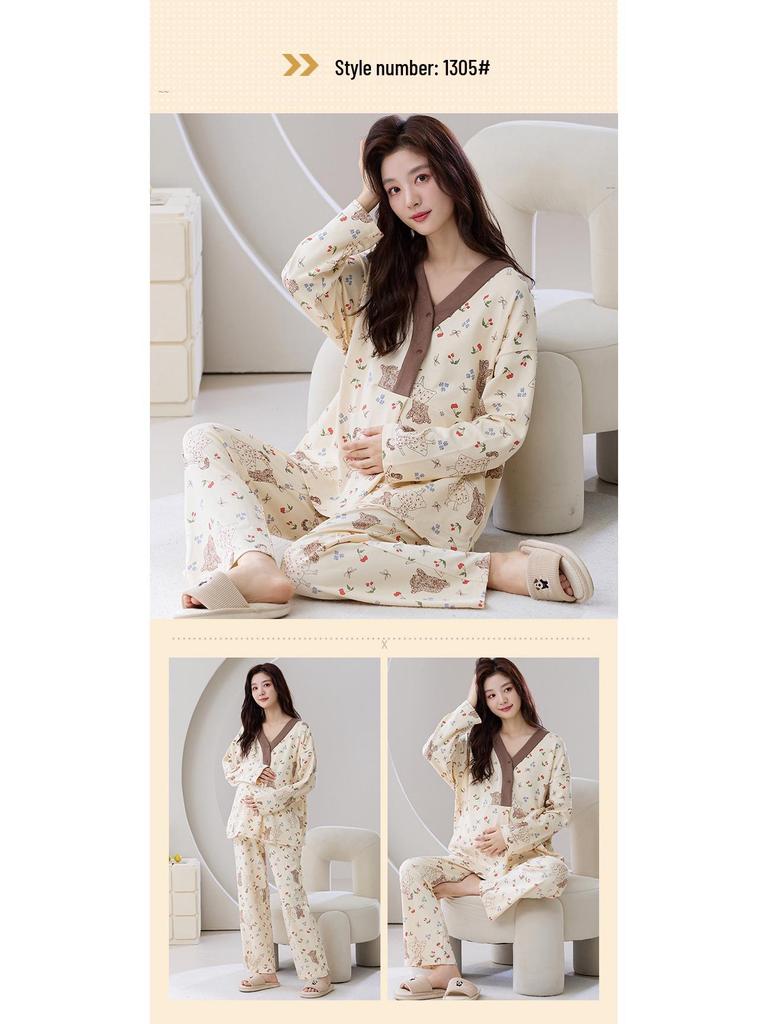 Plus Size Maternity Pajamas with Chest Pads for Autumn/Winter - Women's Postpartum Nursing & Home Wear Set
