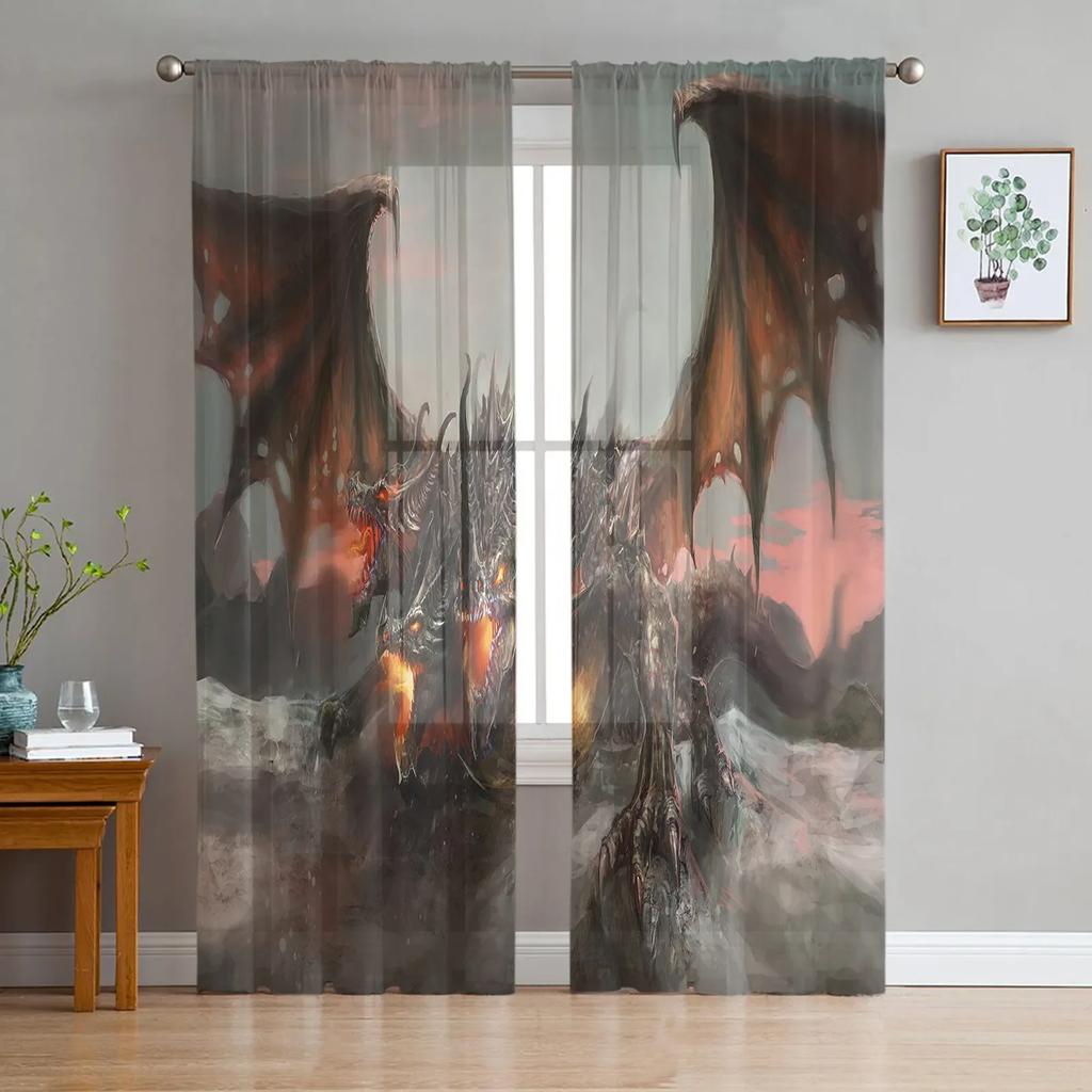 Asian Red Angry Dragon Chiffon Sheer Curtains for Living Room Bedroom Home Decoration Window Voiles Tulle Drapes Curtain