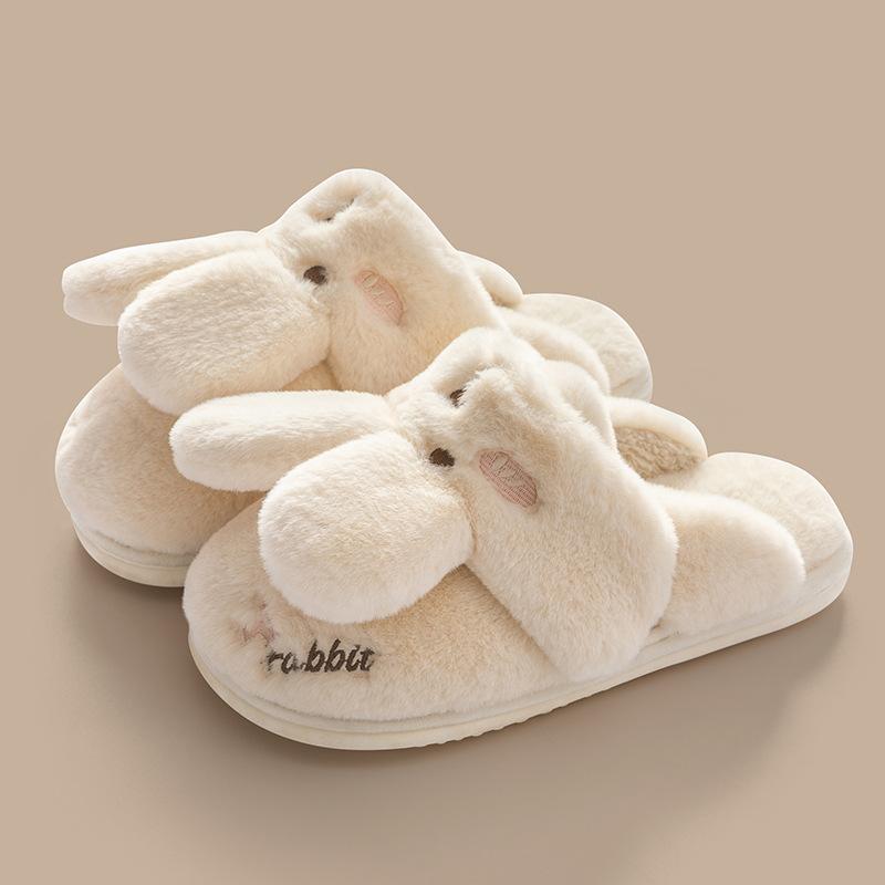Cotton slippers women keep warm in autumn and winter cute little white rabbit hair plush confinement shoes bag and cotton mop household winter