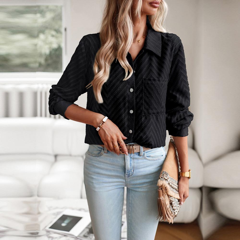 Женские осенние однобортные жаккардовые рубашки с длинными рукавами и воротником — фото 16