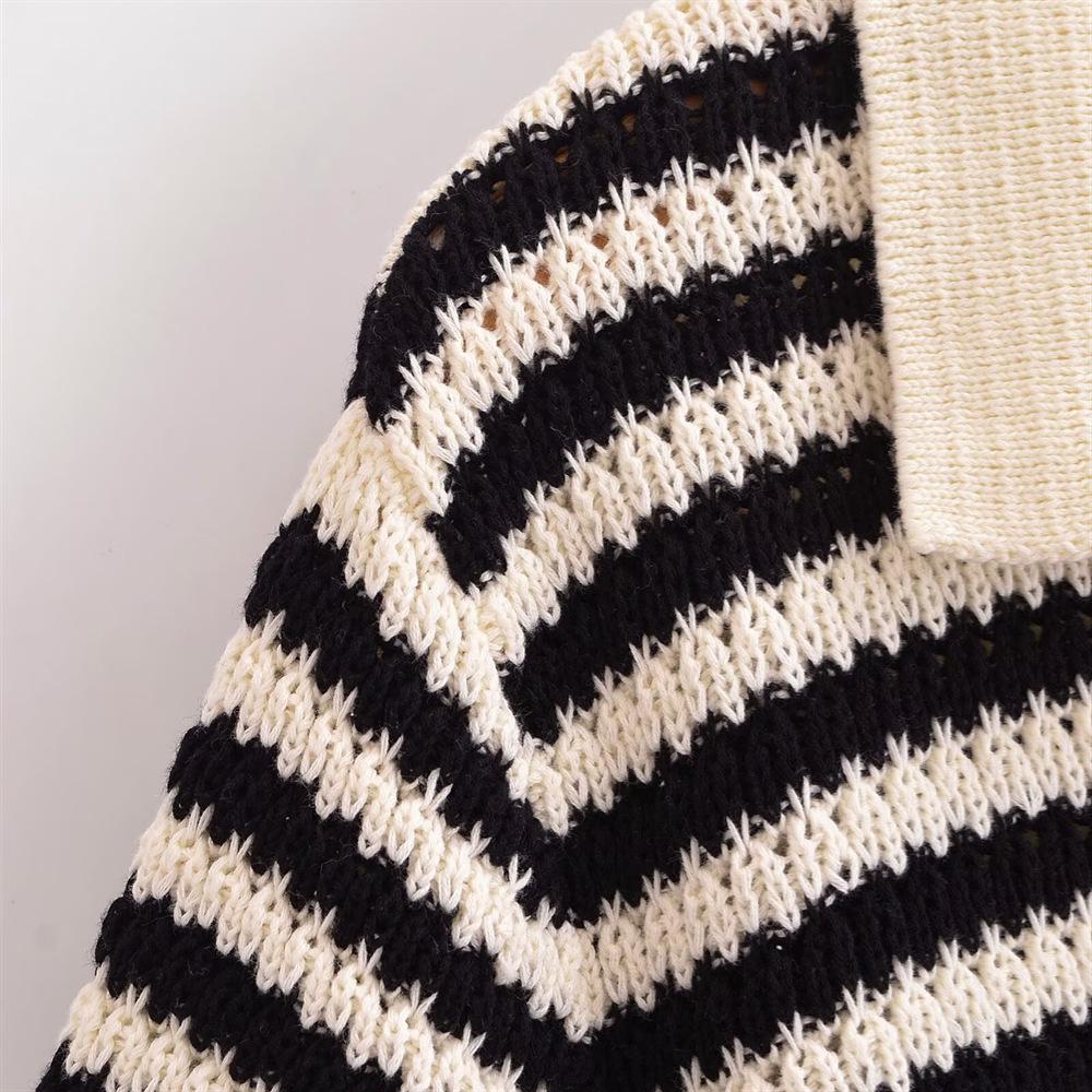 2025 Spring/Summer Women's Striped Short-Sleeve Polo Collar Knitted Sweater - Casual & Versatile