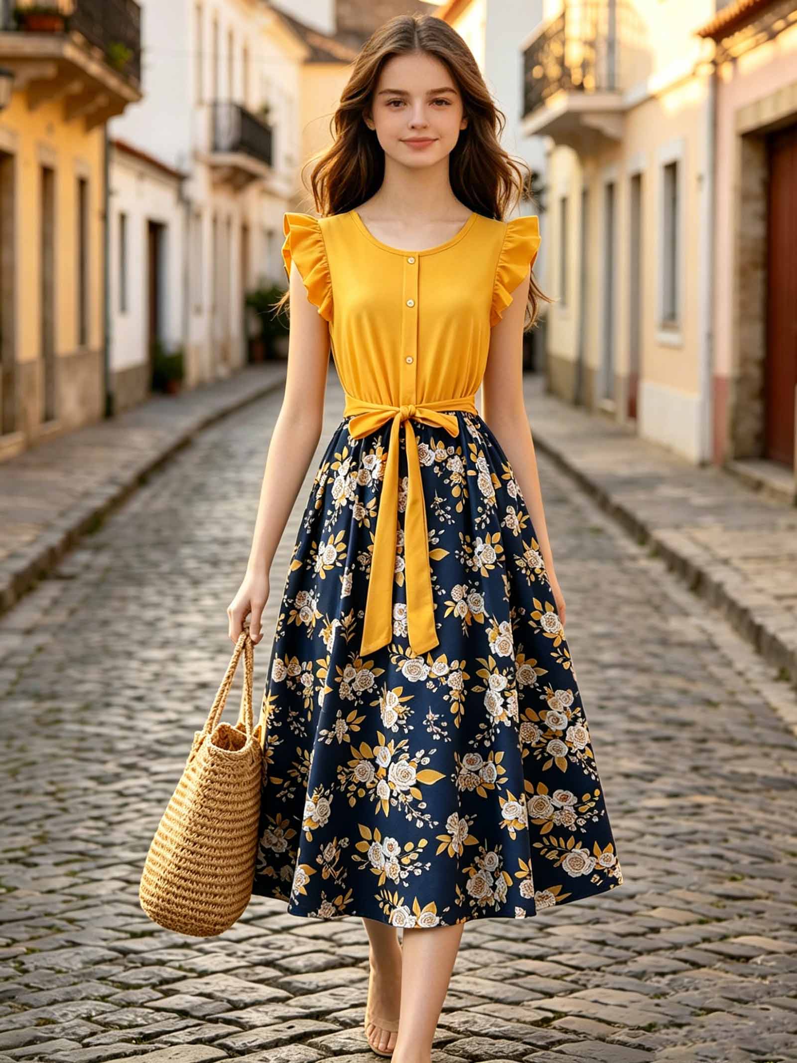 Women s Summer Floral Hi-Low Dress ,Ruffle Sleeve Yellow Dress with Belt, Casual Boho High Waist Long Dresses S